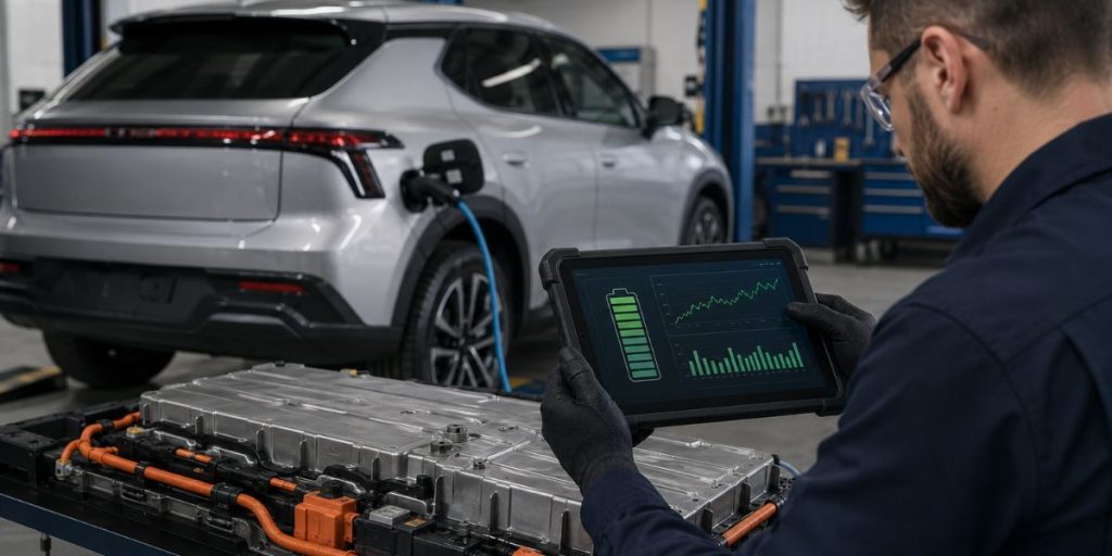 Technician carrying out EV battery testing using diagnostic equipment in a professional workshop.