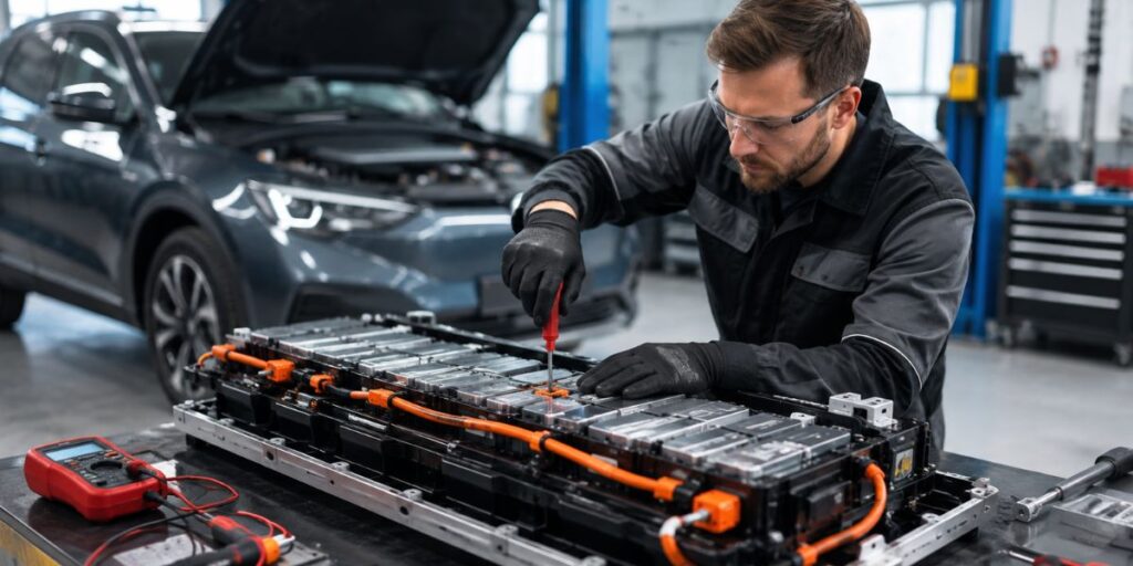 Technician inspecting and testing hybrid battery modules during a professional battery remanufacturing process.