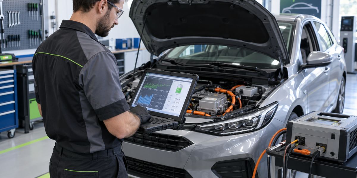 Technician carrying out independent hybrid battery diagnostics for a second opinion